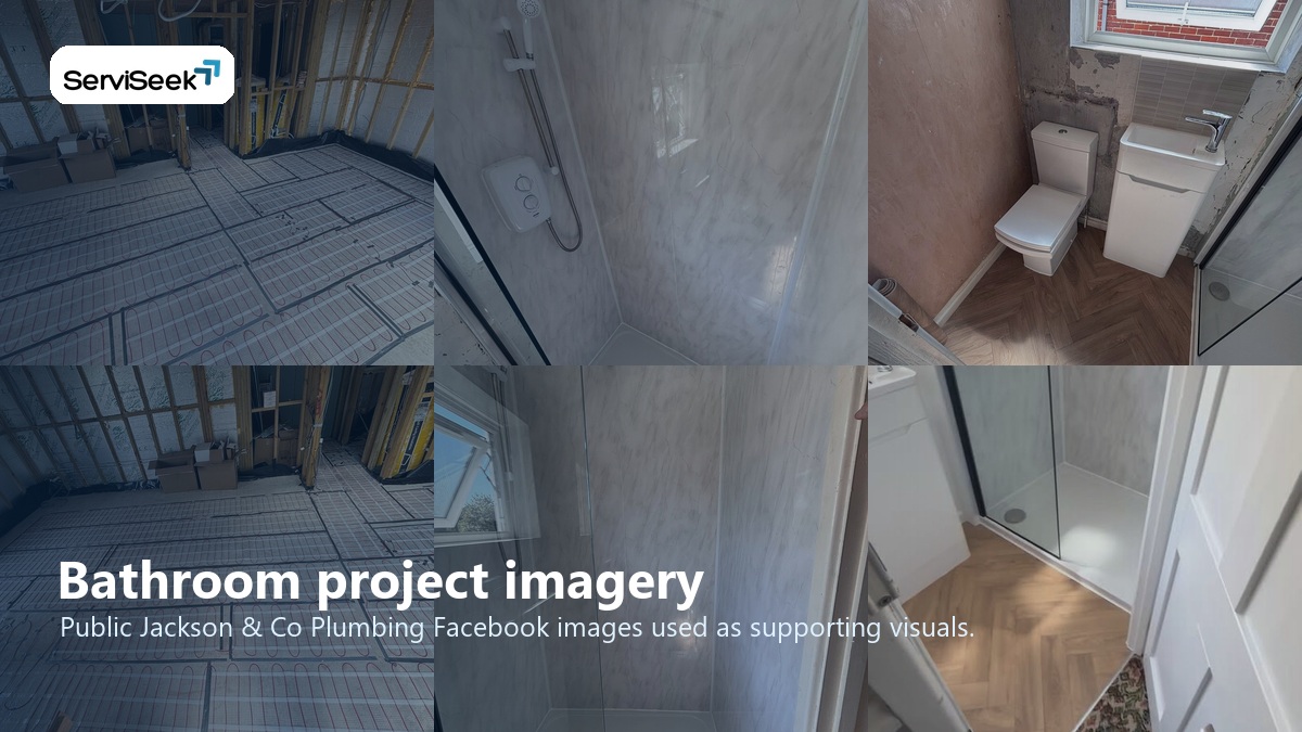Collage of bathroom and plumbing project images from Jackson & Co Plumbing public Facebook page.