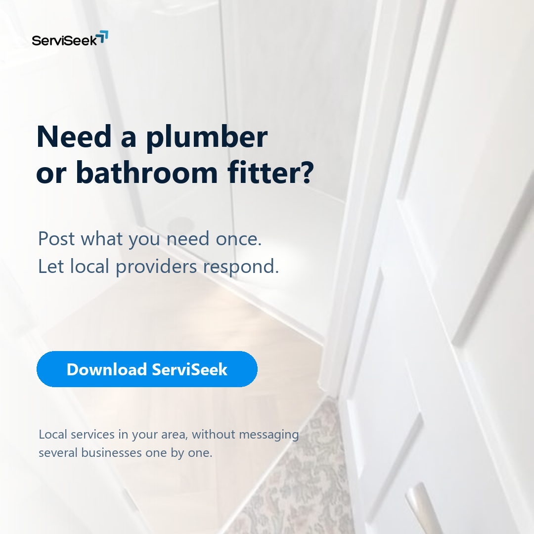 ServiSeek graphic encouraging customers to post a plumbing or bathroom fitting request.