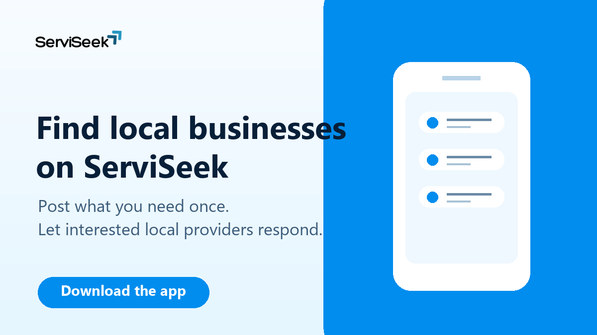 ServiSeek graphic encouraging people to find local businesses by posting what they need once.